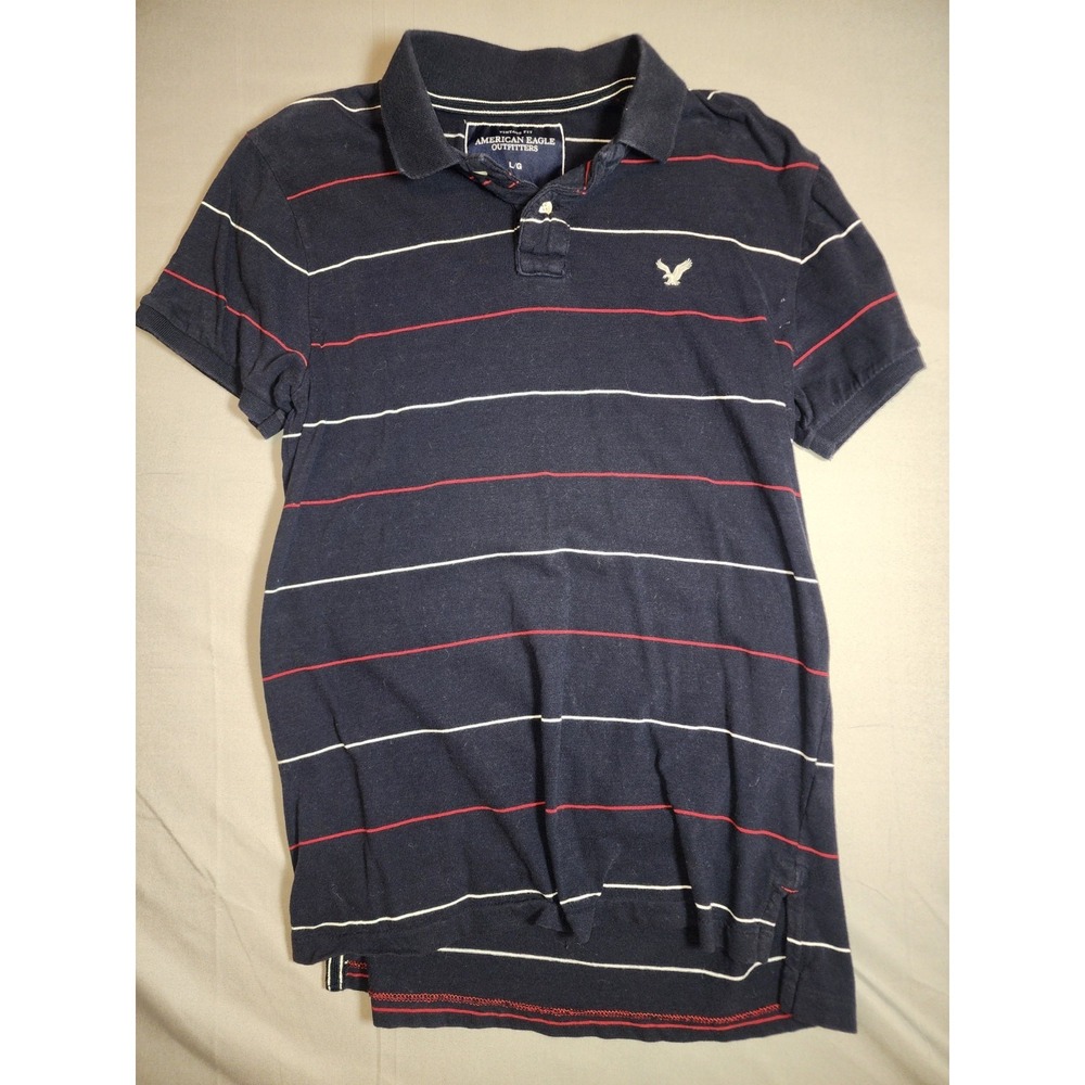 American Eagle Polo Shirt Mens Large Blue Striped Classic Logo Casual Preppy